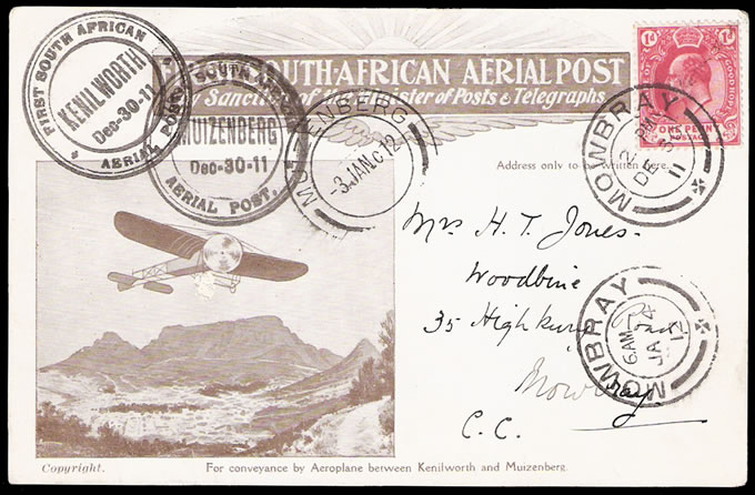 South Africa 1911 Rare Second Return Flight Card