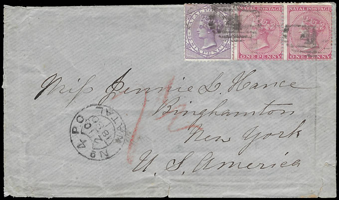 Natal 1880 Rare Shield Postmark on Colourful Cover to USA