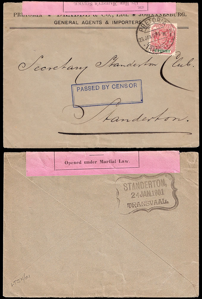 Transvaal 1901 Standerton Transvaal Handstamp as Incoming Censor