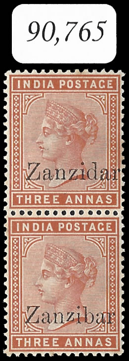 Zanzibar 1895 QV 3a ZanziDar & Small Second Z Pair with Cert