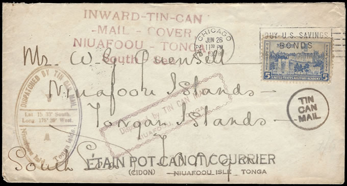 Tonga 1938 Tin Can Mail Incoming from USA
