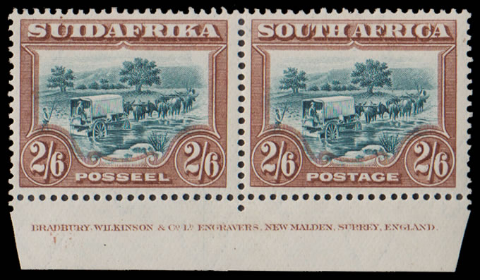 South Africa 1927 2/6 Imprint Pair, Perf 14, Lightly M