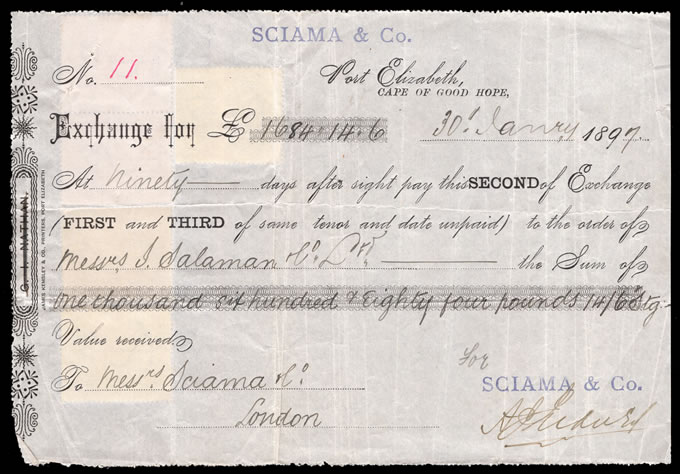 Cape of Good Hope 1897 Bill of Exchange Sciama, Port Elizabeth