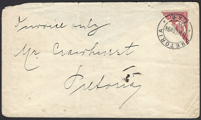 Transvaal 1894 Vurtheim 1d Bisect on Pretoria Letter