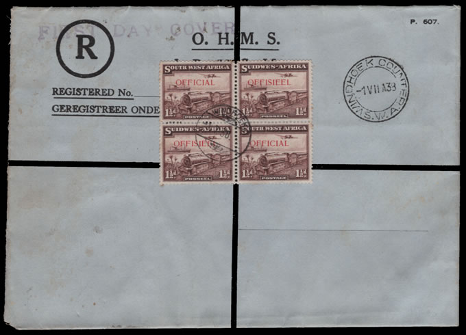 South West Africa Officials 1938 1½d Block on FDC