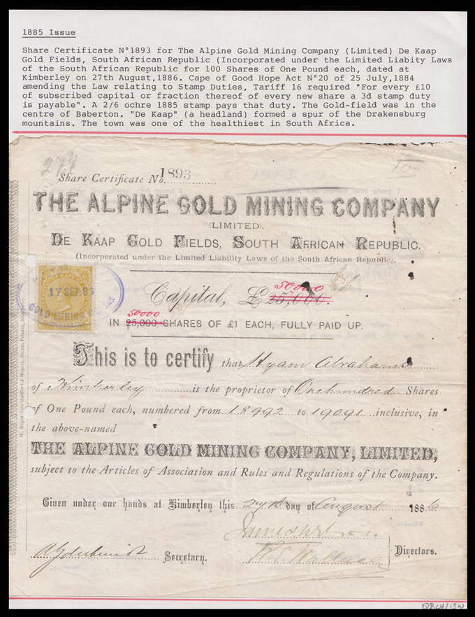 Cape of Good Hope 1886 Share Certificate Alpine Gold, De Kaap