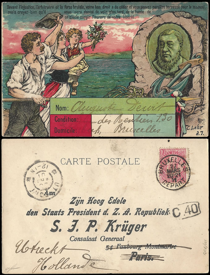 Boer War 1900 Pres Kruger Propaganda Card, Belgian Acceptance