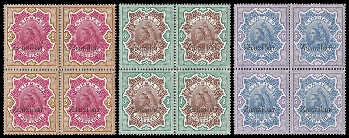 Zanzibar 1895 QV 2r - 5r Matching Plateable Blocks, Rare