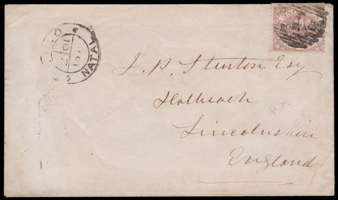 Natal 1874 QV 1/- Revenue Ovptd on Letter to UK
