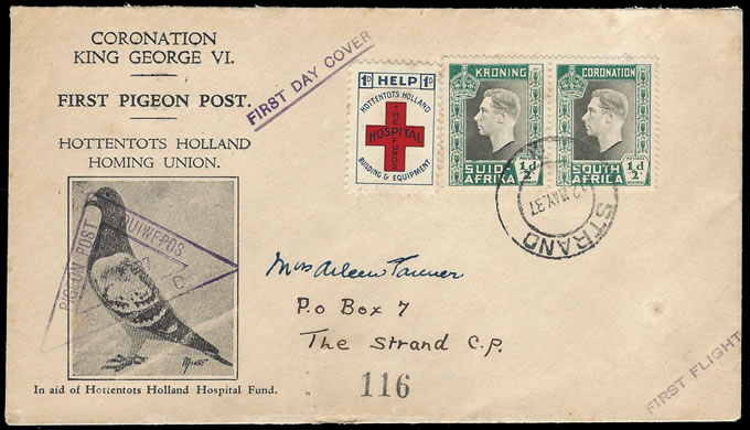 South Africa 1937 Coronation Pigeongram Cover with Charity Label