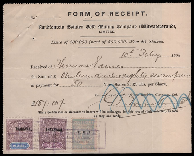 Transvaal Revenues 1902 Provisionals on Share Document
