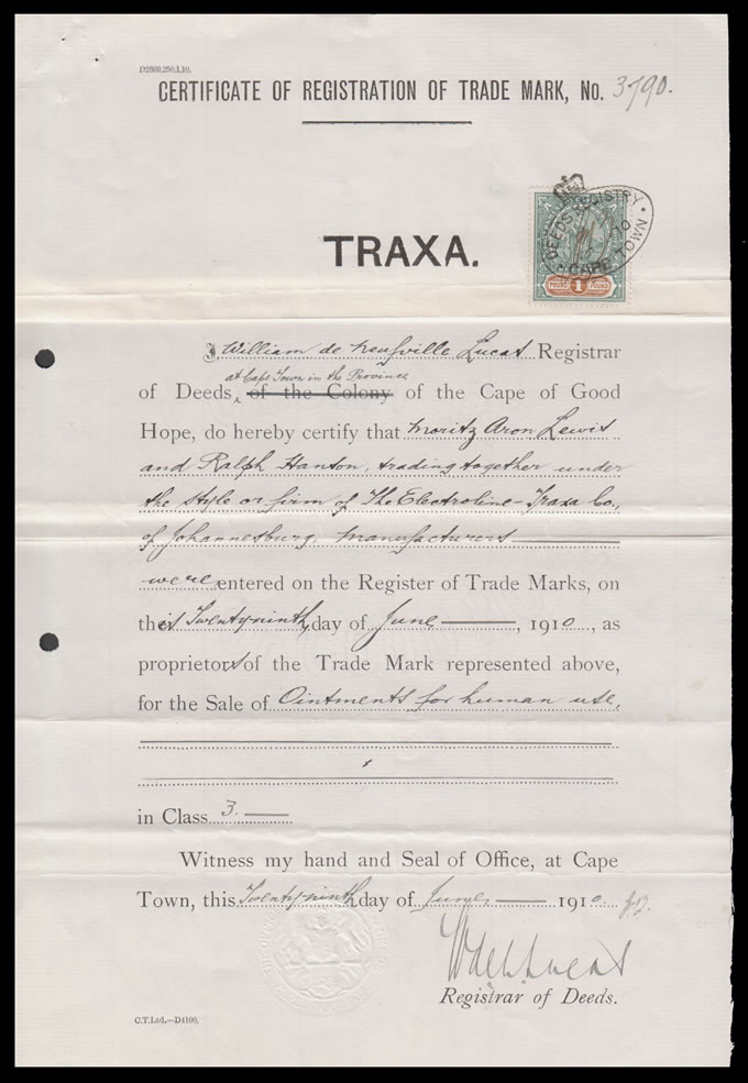 Cape of Good Hope 1910 TRAXA Trade Mark Certificate