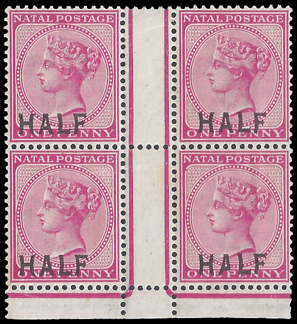 Natal 1895 QV Half on 1d Rose Block with Variety, F/UM/M