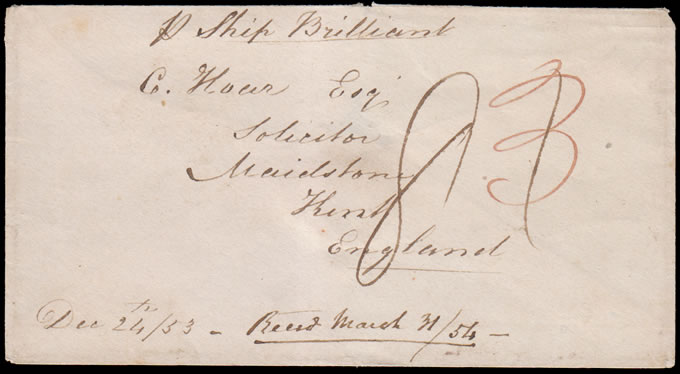 Victoria 1853 Stampless Letter Geelong to UK, Ship Endorsed