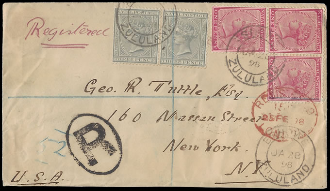 Zululand 1898 Double Rate Eshowe to USA, Early Use Natal Stamps