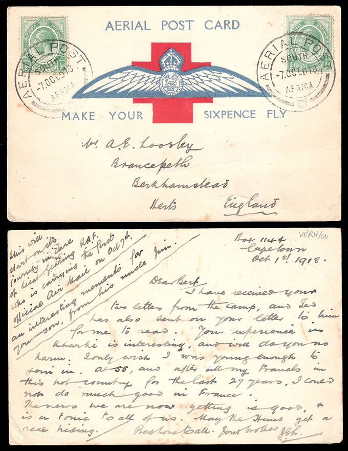 South Africa 1918 Cape Town First Flight Card, Overseas Franking