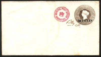 Mauritius 1891 QV 50c on 8c Envelope