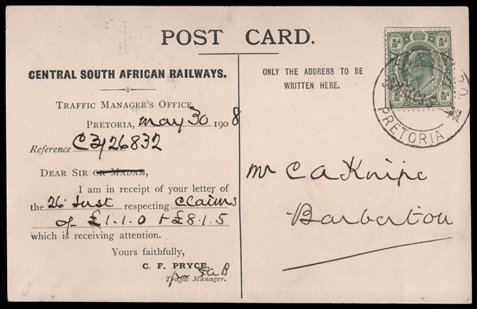 Transvaal 1908 CSAR Perfin on Railway Correspondence Card, Rare