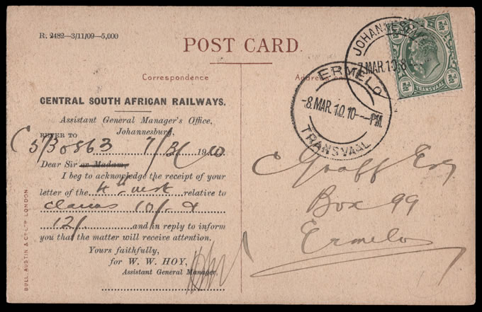 Transvaal 1910 CSAR Perfin on Railway Correspondence Card, Rare