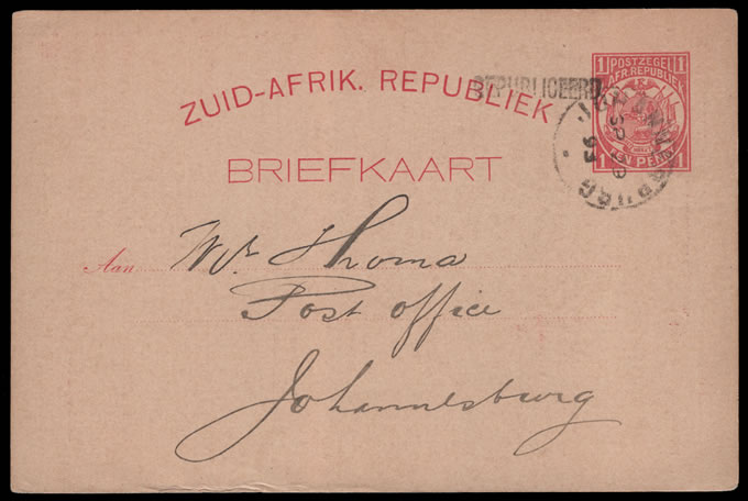 Transvaal 1893 Vurtheim 1d Postcard as Railways Advice Card