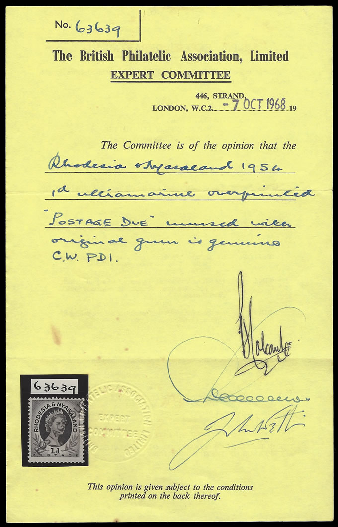 Rhodesia & Nyasaland Postage Due 1956 1d Handstamped in Violet
