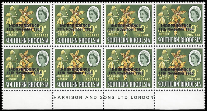 Rhodesia 1966 9d Double Overprint Imprint Block of Eight