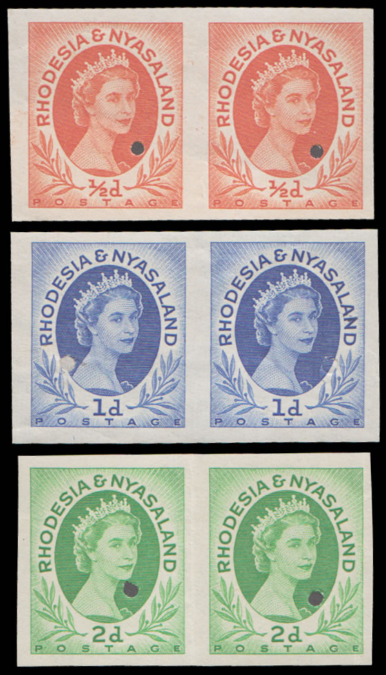 Rhodesia & Nyasaland 1954 Imperf Plate Proof Pairs Trio