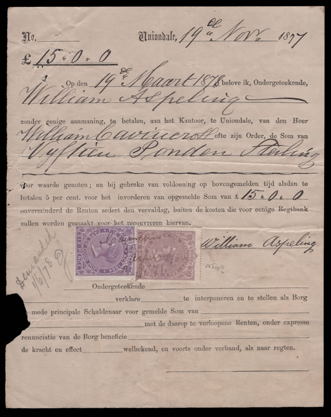 Cape of Good Hope 1877 Promissory Note at Uniondale