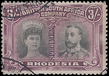 Rhodesia 1910 3/- Gabon Receiving Authority Specimen