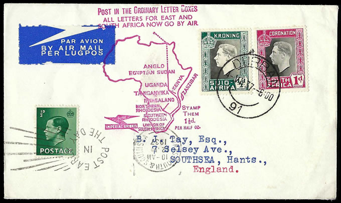 South Africa 1937 Empire 1½d Air Mail Scheme Second Northbound