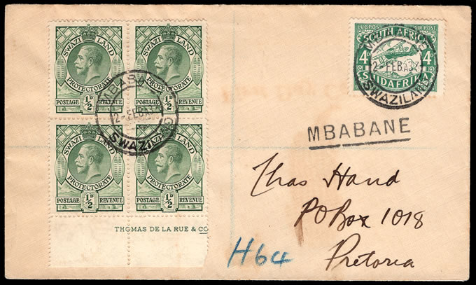 Swaziland 1933 KGV Combination with SA 4d Airmail