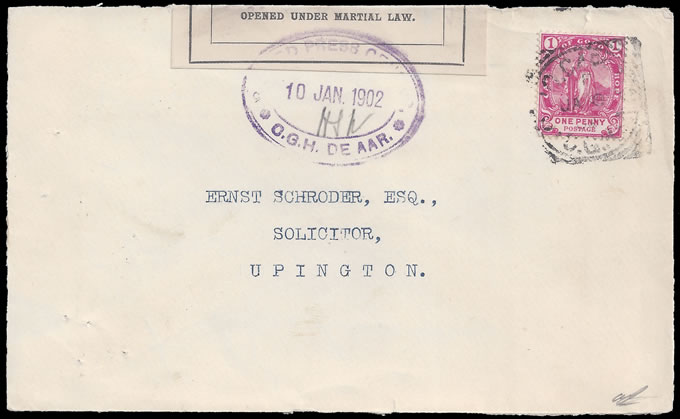 Cape 1902 De Aar Censor Mark