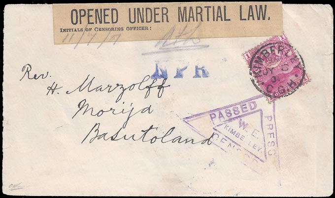 Cape 1901 Kimberley Censor Marks, Cover to Morija