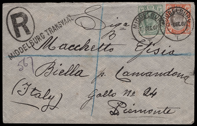 Transvaal 1907 Straightline Middleburg, KEVII Franking to Italy