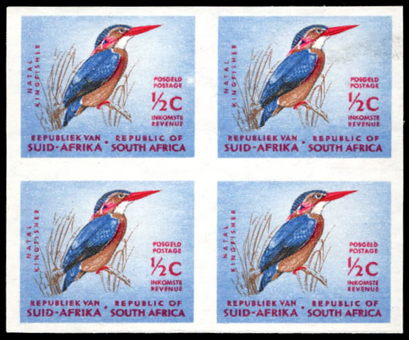 South Africa 1964 ½c Pygmy Kingfisher Imperf Block of Four UM
