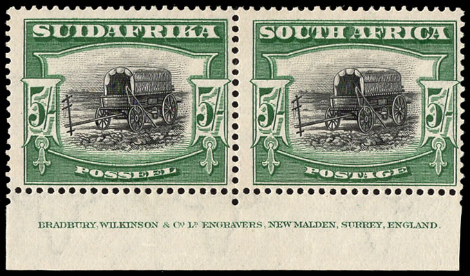 South Africa 1927 5/- Imprint Pair, Perf 14, Rarity