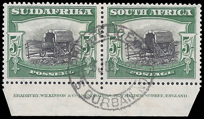 South Africa 1927 5/- Imprint Pair, Used, Rarity