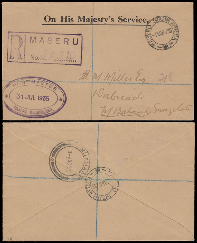 Basutoland 1935 Official Mail Maseru to Swaziland