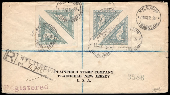 South Africa 1926 4d Triangle (Wide Margins) Pairs on Letter - Click Image to Close