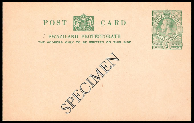 Swaziland 1935 KGV ½d Postcard Specimen