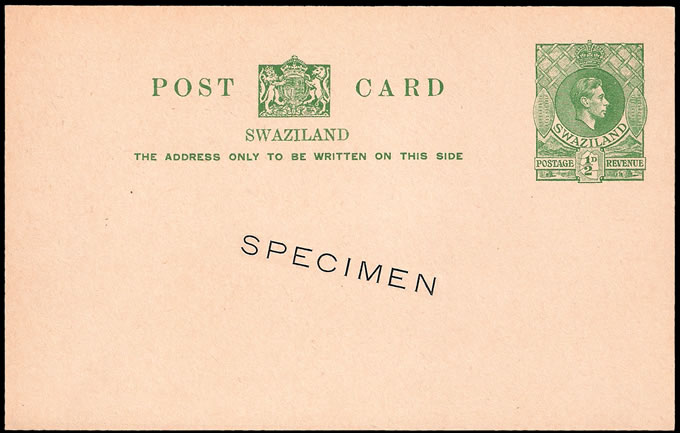 Swaziland 1938 KGVI ½d Postcard Specimen