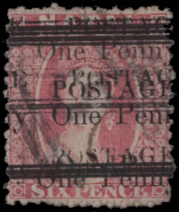 Natal 1879 1d on 6d rose Surcharged Four Times VF/U