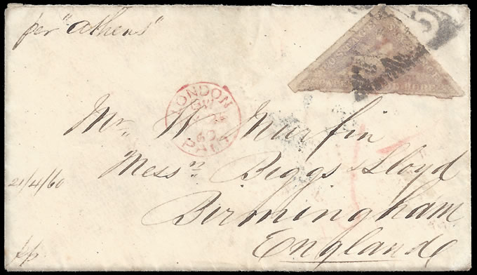Cape of Good Hope 1860 Rouletted 6d Triangle on Letter, Rarity!