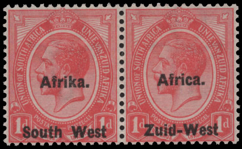 South West Africa 1923 KGV 1d AFRICA ABOVE SOUTH WEST F/M Pair
