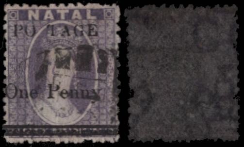 Natal 1877 1d on 6d, Wmk Reversed, "S" of "Postage" Omitted